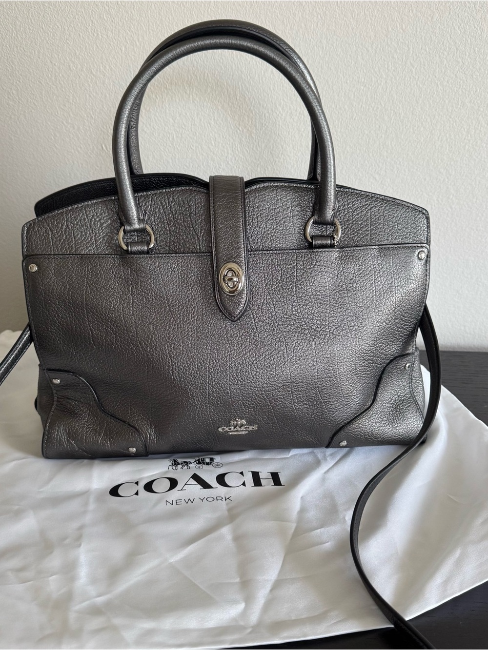Coach Gunmetal Metallic Grain Leather Mercer 30 Satchel Crossbody Turnkey
